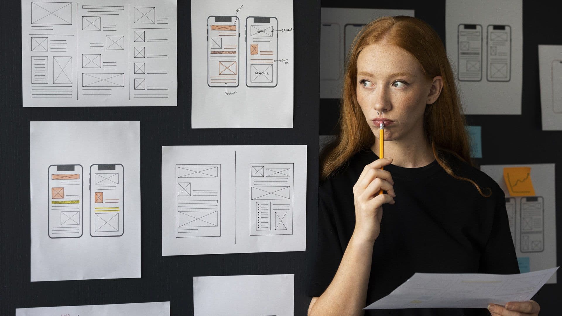 a woman is holding a pencil in her mouth while looking at a bunch of papers .